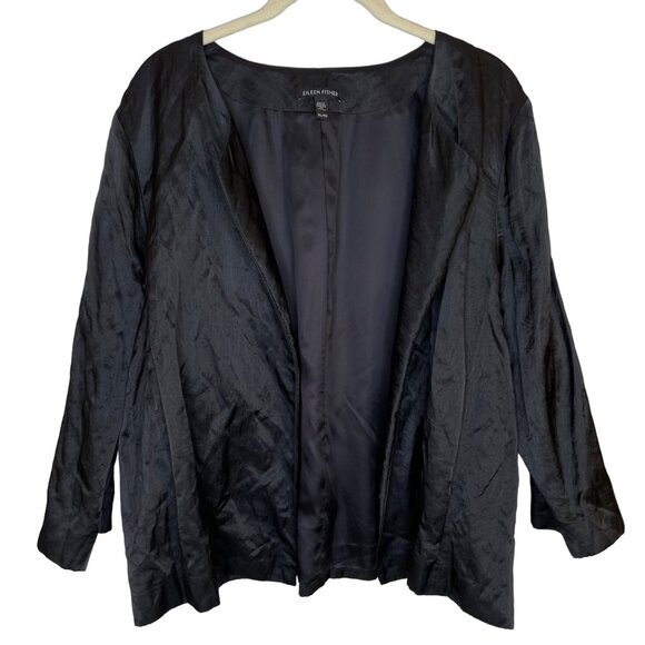 Eileen Fisher Jackets & Blazers - Eileen Fisher Black Open Front 3/4 Sleeve Crinkle Shiny Jacket, XL